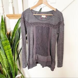 Anthropologie Meadow Rue Gray Crochet & Lace Long Sleeve Top Size Small